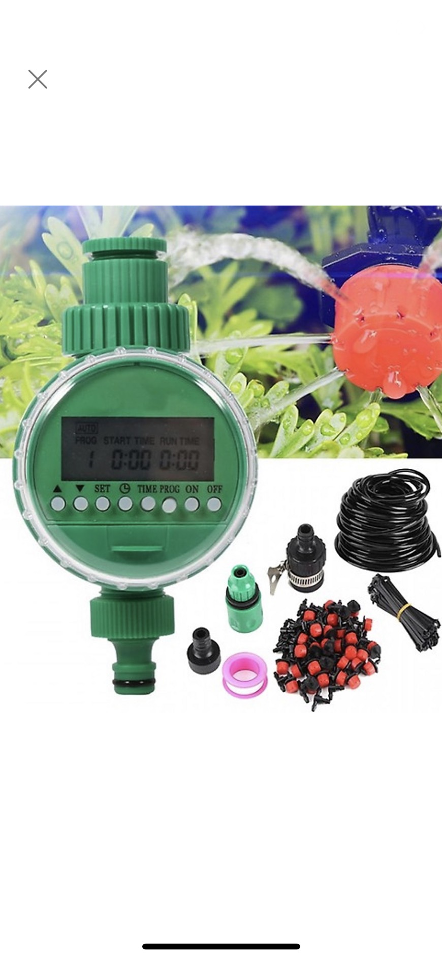 Combo bộ tưới cây tự động gồm 30 đầu tưới nhỏ giọt, 25m dây dẫn nước, 01 đồng hộ đặt thời gian tưới tự động và phụ kiện.