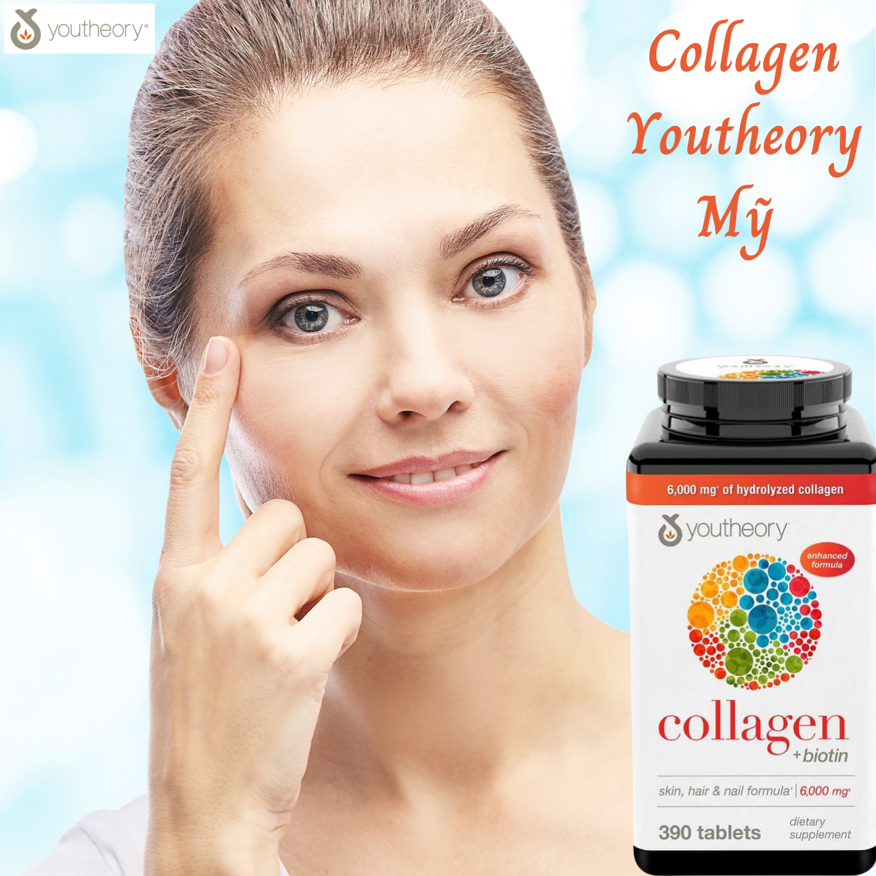 Collagen Vitamin C Youtheory Mỹ Tạo Sức Khỏe Từ Bên Trong Cho Da, Tóc, Móng, Gân, Dây Chằng, Sụn, Khớp Xương, Tim Mạch Và Tăng Hệ Miễn Dịch - Hộp 390 Viên