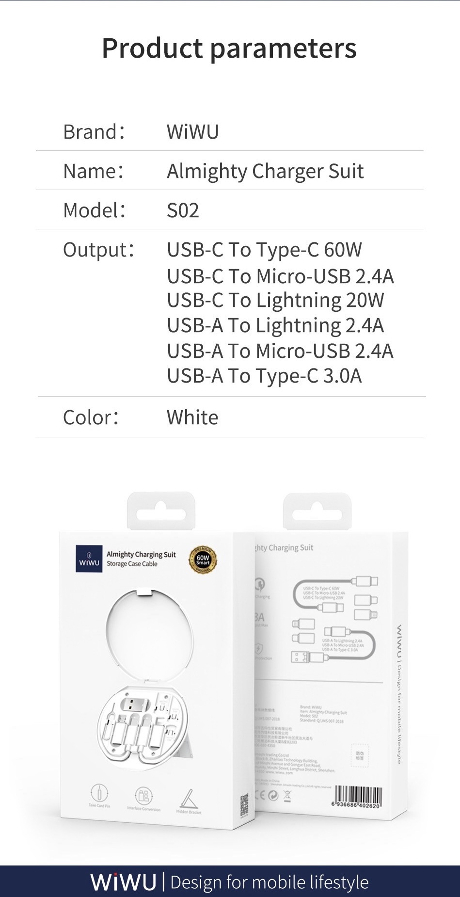 Bộ Sạc WIWU Almighty Charger S02 Kết Nối Cho Iphone, Micro USB, Mini USB, Type C Nhiều Cổng Hỗ Trợ Sạc - Hàng Chính Hãng