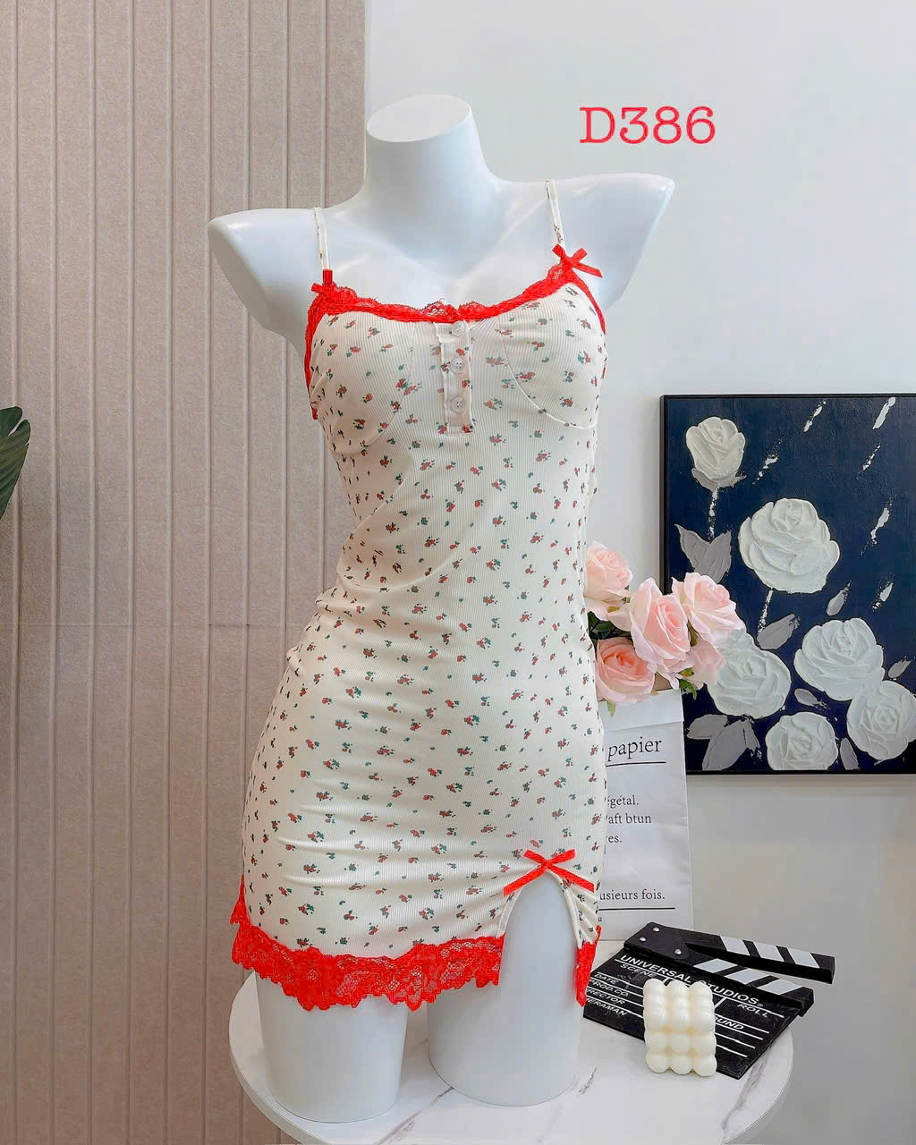 Váy Ngủ Hoa Nhí Thun Gân Mềm Mại Kèm Mút Ôm Body