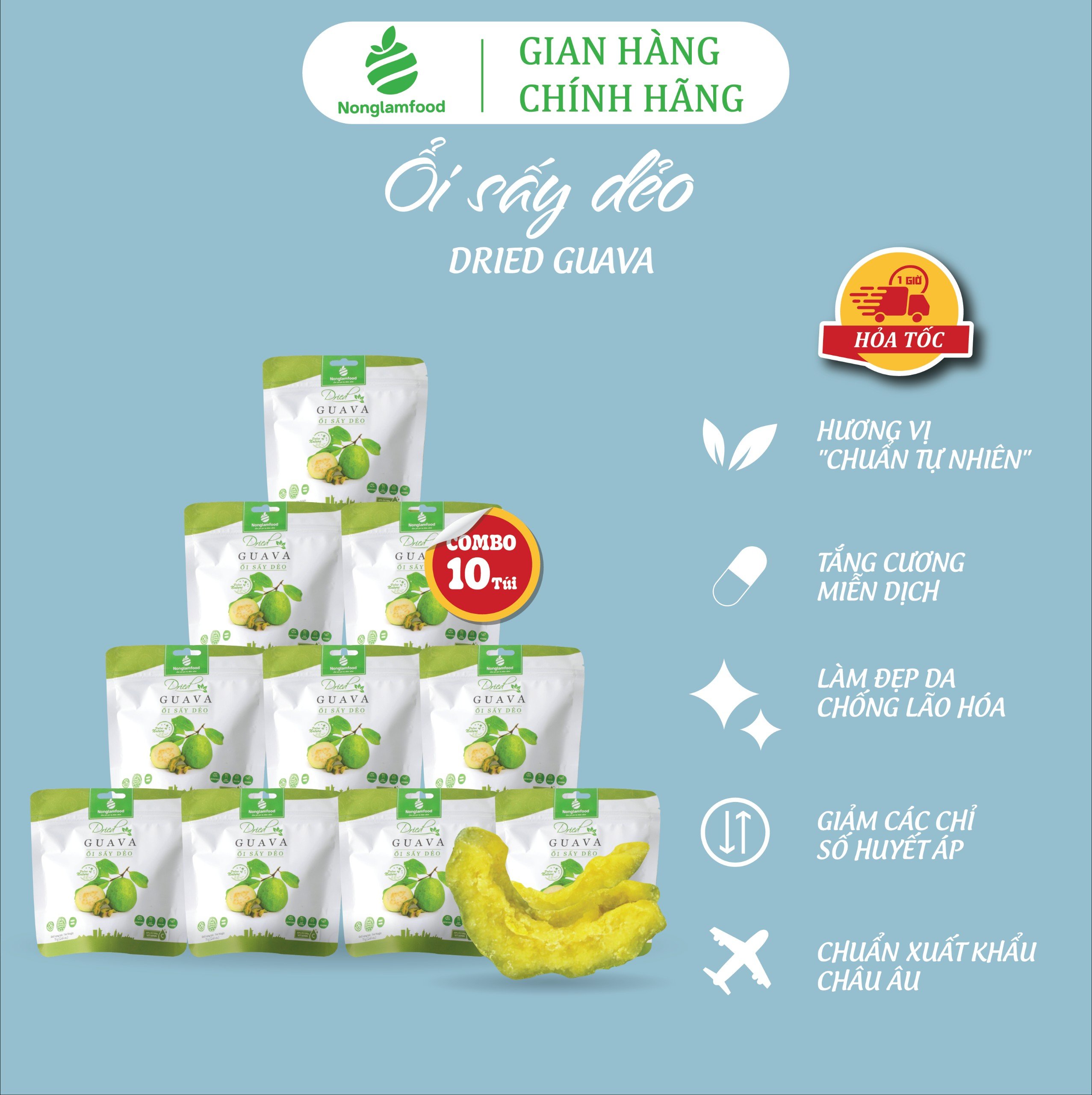 Combo 10 túi Ổi Sấy Dẻo Nonglamfood túi 75g | Ăn vặt tốt cho sức khỏe | Healthy Snack | Ăn vặt văn phòng | Ăn vặt nổi tiếng Sài Gòn | Trái cây sấy dẻo dinh dưỡng ăn liền