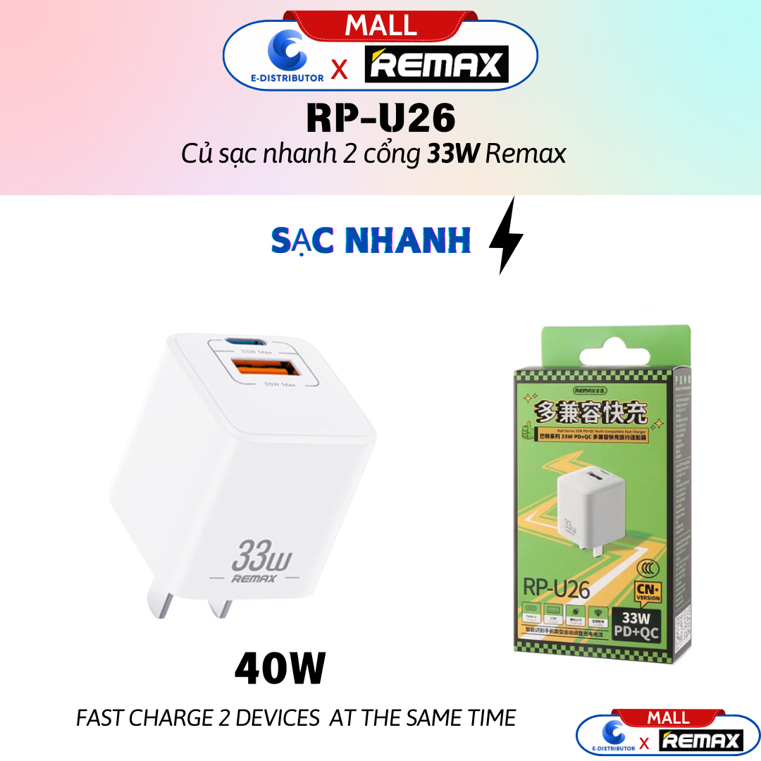 Củ sạc nhanh 2 cổng 33W Remax RP-U26 - hàng chính hãng - Bảo Hành 12 Tháng - sạc hai thiết bị cùng lúc tiện lợi