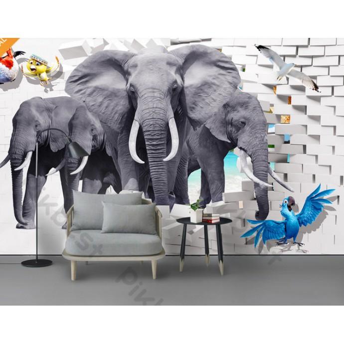 Tranh dán tường Tranh phòng khách phòng ngủ 3D hiện đại dán tường - Đàn Voi Và Vẹt