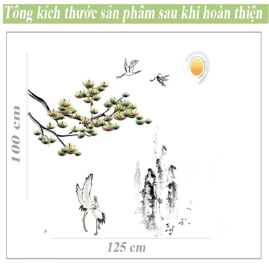 Decal dán tường trang trí phong cảnh nên thơ ĐÔI CHIM HẠC - NÚI NON HÙNG VĨ