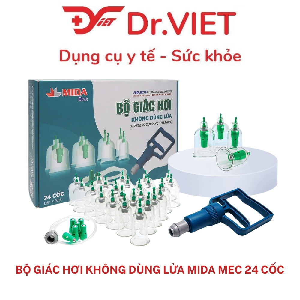 Bộ Giác Hơi Không Dùng Lửa MIDA Mec 24 Cốc FCT0024, Hút Chân Không An Toàn, Nhựa Nguyên Sinh, Có Dây Tự Giác Lưng