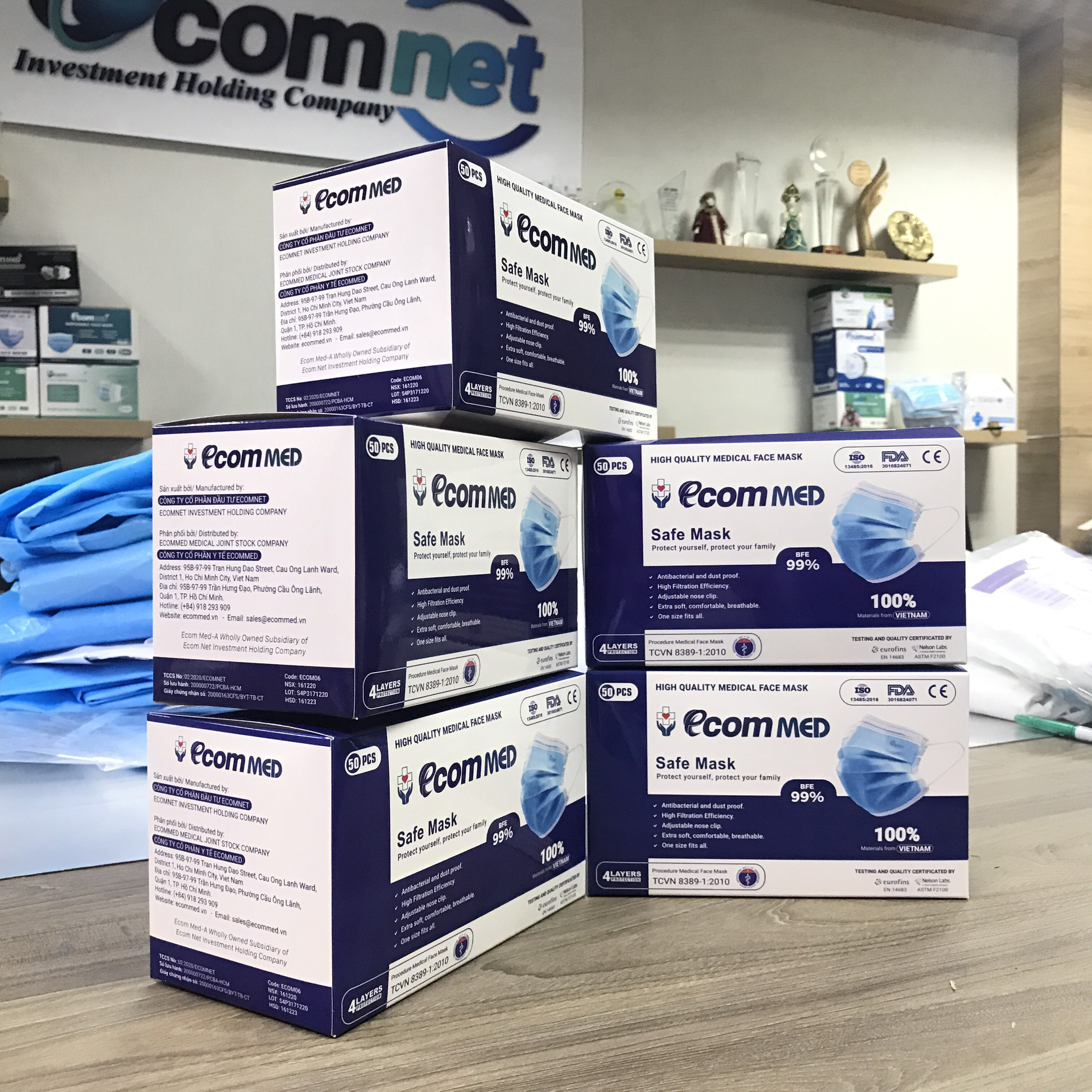 Combo 3 Hộp Khẩu Trang Y Tế EcomMed 4 Lớp Kháng Khuẩn 99% (Hộp 50 cái) - Màu