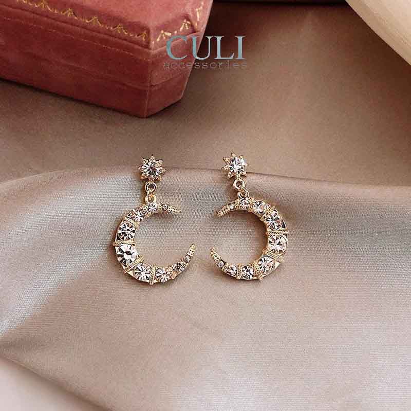 Bông tai, Khuyên tai dáng dài hình trăng khuyết kết đá sang trọng HT669 - Culi accessories