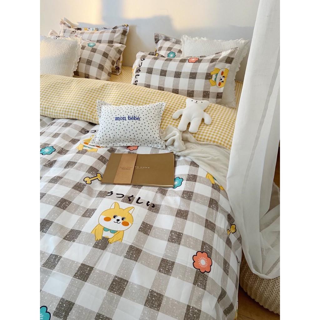 Bộ chăn ga gối Cotton poly M2T bedding Cún caro, vỏ chăn mền, drap nệm và 2 vỏ gối