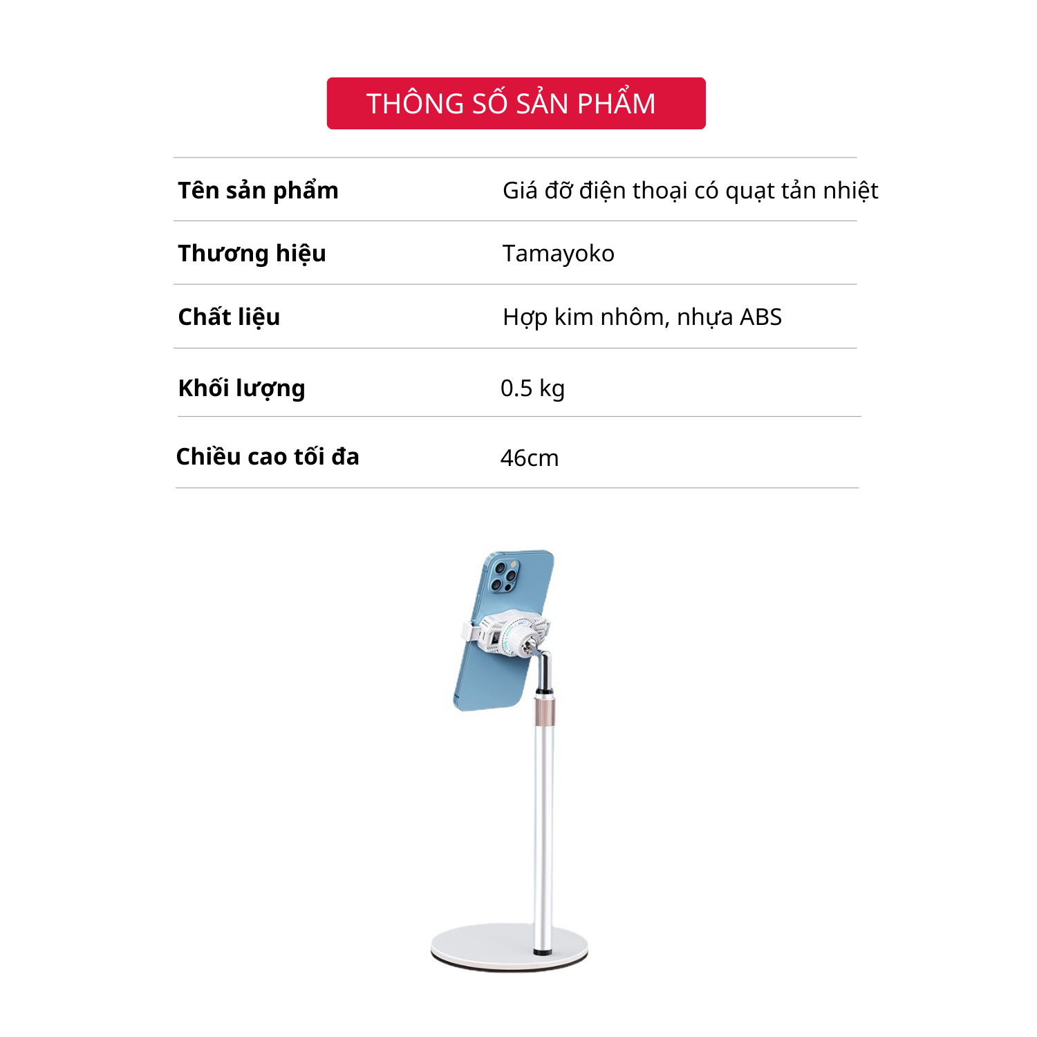 Giá Đỡ Điện Thoại Livestream Chất Liệu Hợp Kim Nhôm Cao Cấp Tích Hợp Quạt Gió LED RGB. Hàng Chính Hãng Tamayoko