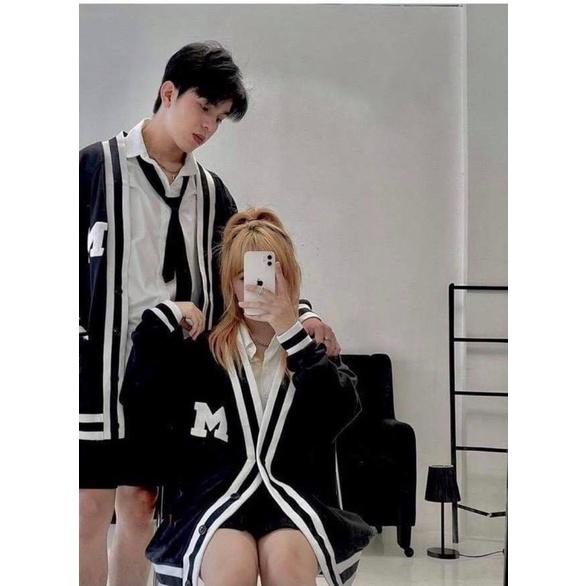 Áo Khoác Cardigan Đen Viền Trắng Chữ M Unisex, Áo Đôi