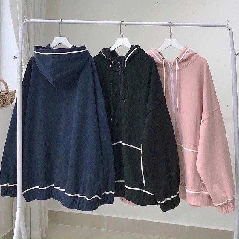 Áo Khoác Nữ Form Rộng Mặc Thoải Mái, Áo Hoodie Zipper Kẻ Viền Túi Nữ Knn15