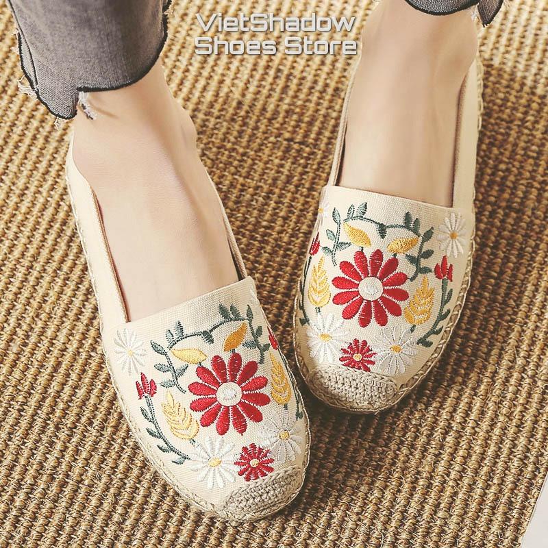 Slip on cói nữ - Giày lười vải thêu hoa - Chất liệu vải bố 4 màu (be), (đen), (đỏ) và (khaki) - Mã SP X-08