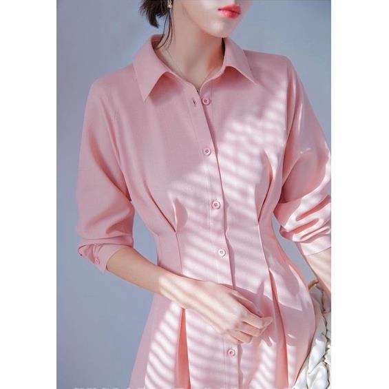 X2 Đầm công sở sơ mi hồng xếp li eo váy dáng xòe dự tiệc tay dài chiết eo tôn dáng thanh lịch