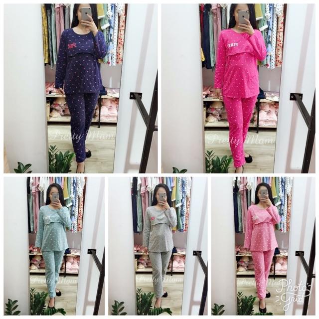 Bộ pink mặc nhà và sau sinh mở nắp ti