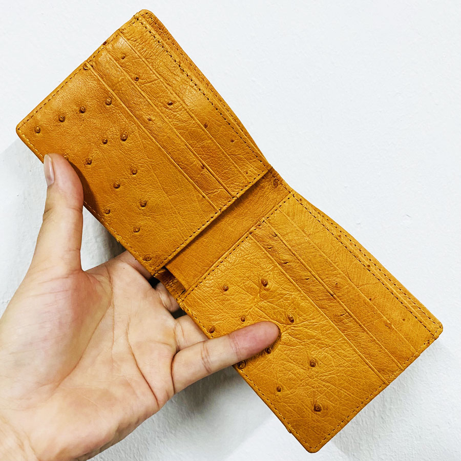 Hàng cao cấp Ví nam da bụng đà điểu, bóp nam chất liệu da bụng da đà điểu thật cao cấp màu vàng