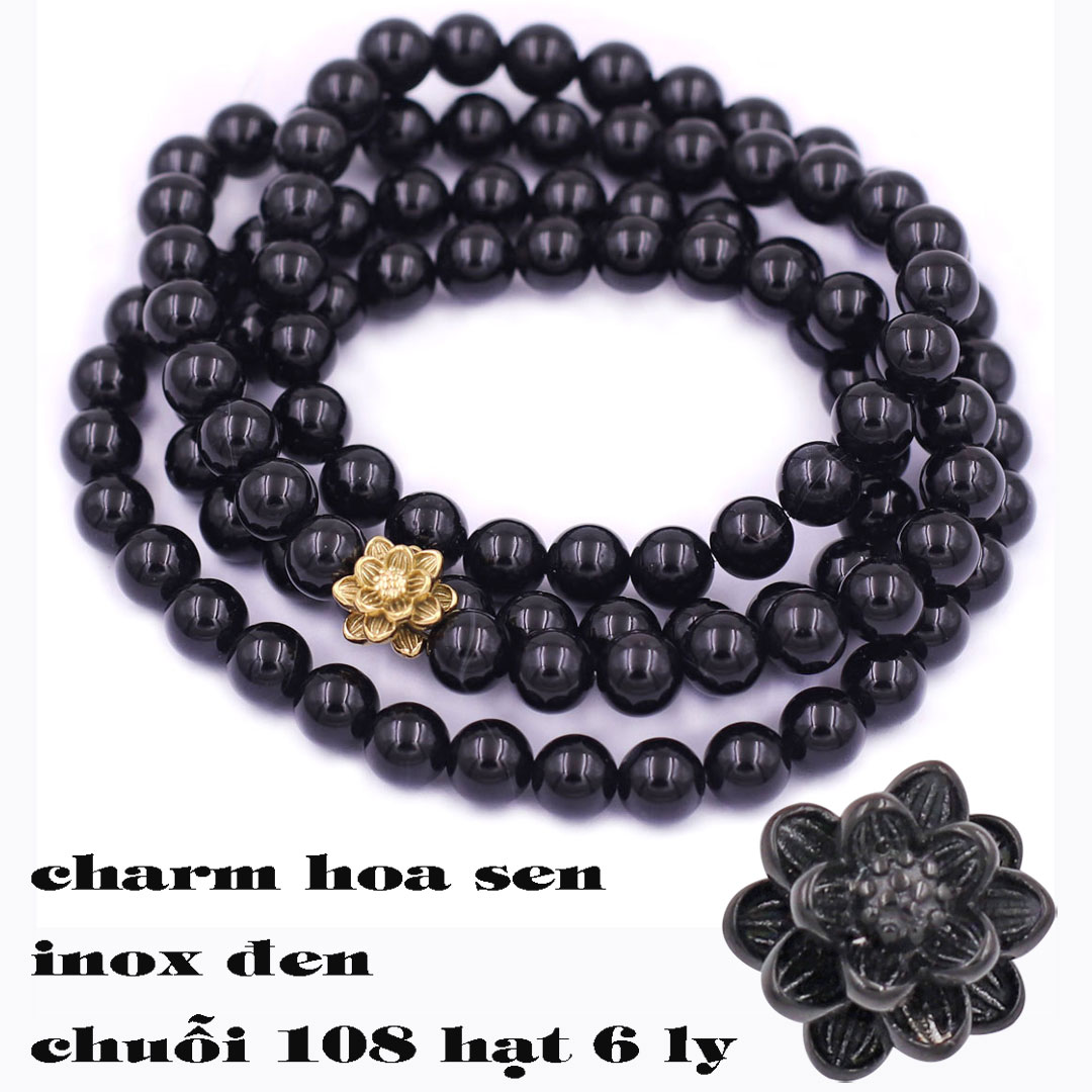 Bộ Vòng Chuỗi, Tràng Hạt 108 Hạt 6 Ly Đá Thạch Anh Đen Charm Hoa Sen Inox - Tràng Chuỗi Niệm Phật - An Yên - Thịnh Vượng - May Mắn - Tài Lộc - Bình An