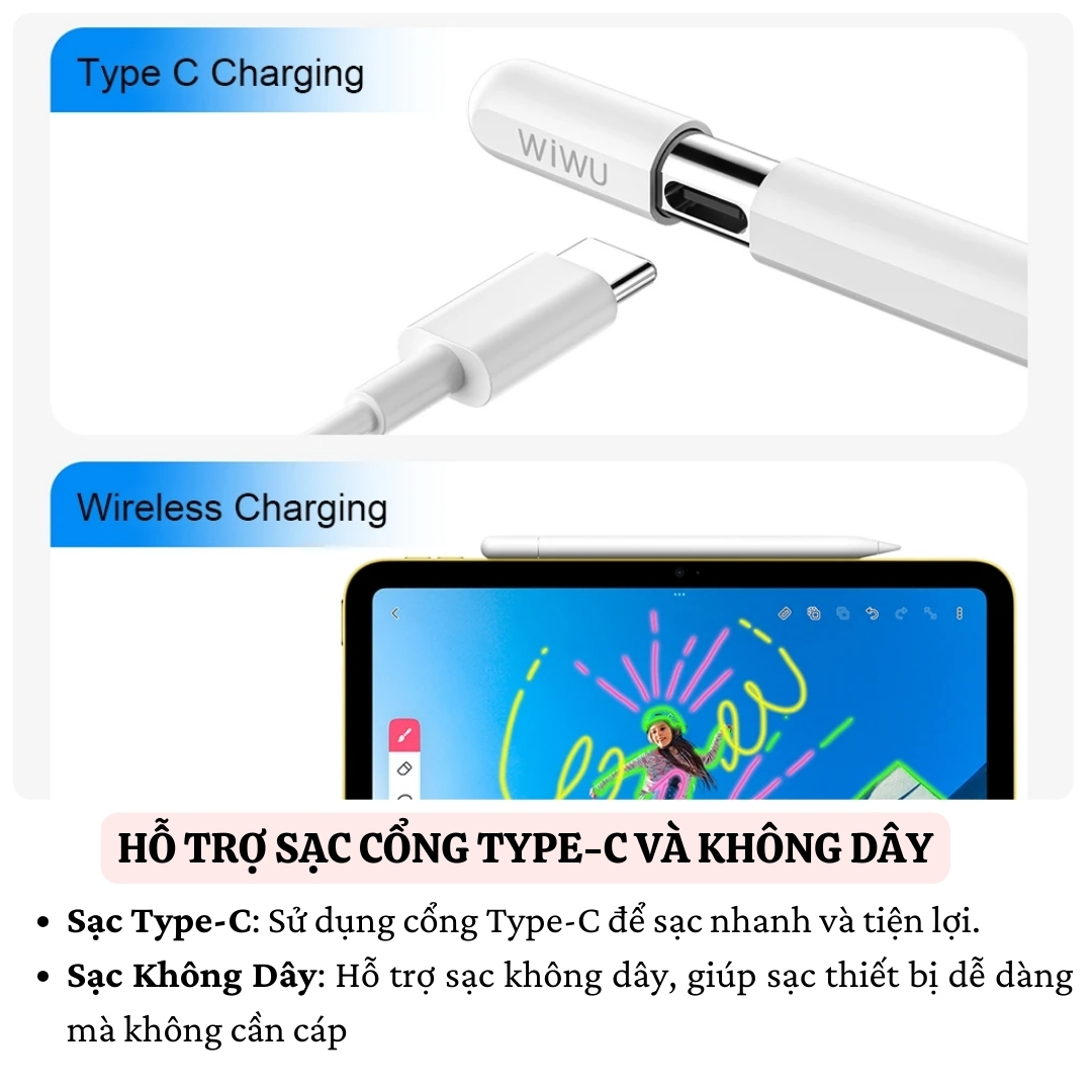 Bút cảm ứng cảm biến nghiêng chống tì tay sạc nam châm WIWU Stylus A01 cho iPad Pro Air Mini đời 2018 trở lên Gen 7 8 9 10 10.9 11 12.9 13 Mini 6 M1 M2 M3 M4 - Hàng nhập khẩu