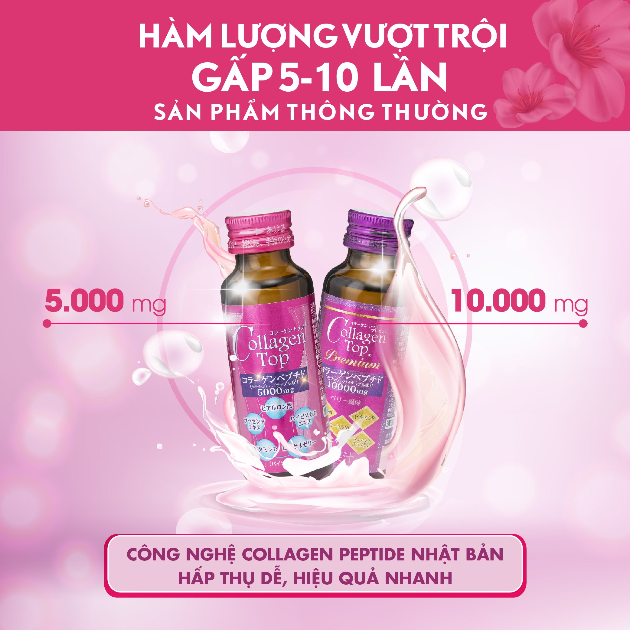 Collagen Top, Hyaluron Top, Placenta Top Nước uống bảo vệ sắc đẹp & sức khỏe (10 chai x 50ml) Nhật Bản