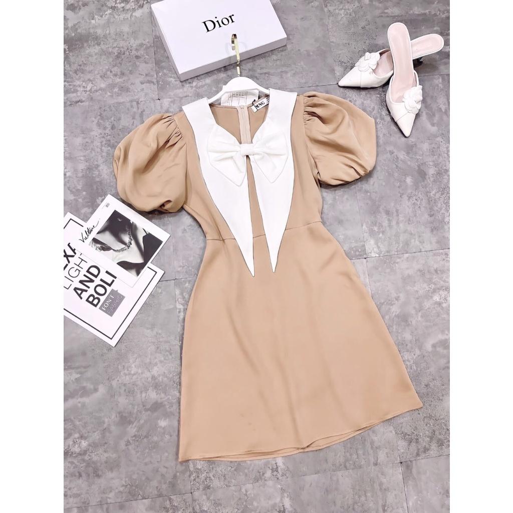 Váy nữ màu be, tay bồng, kèm nơ cách điệu, đi chơi, đi làm đều ok