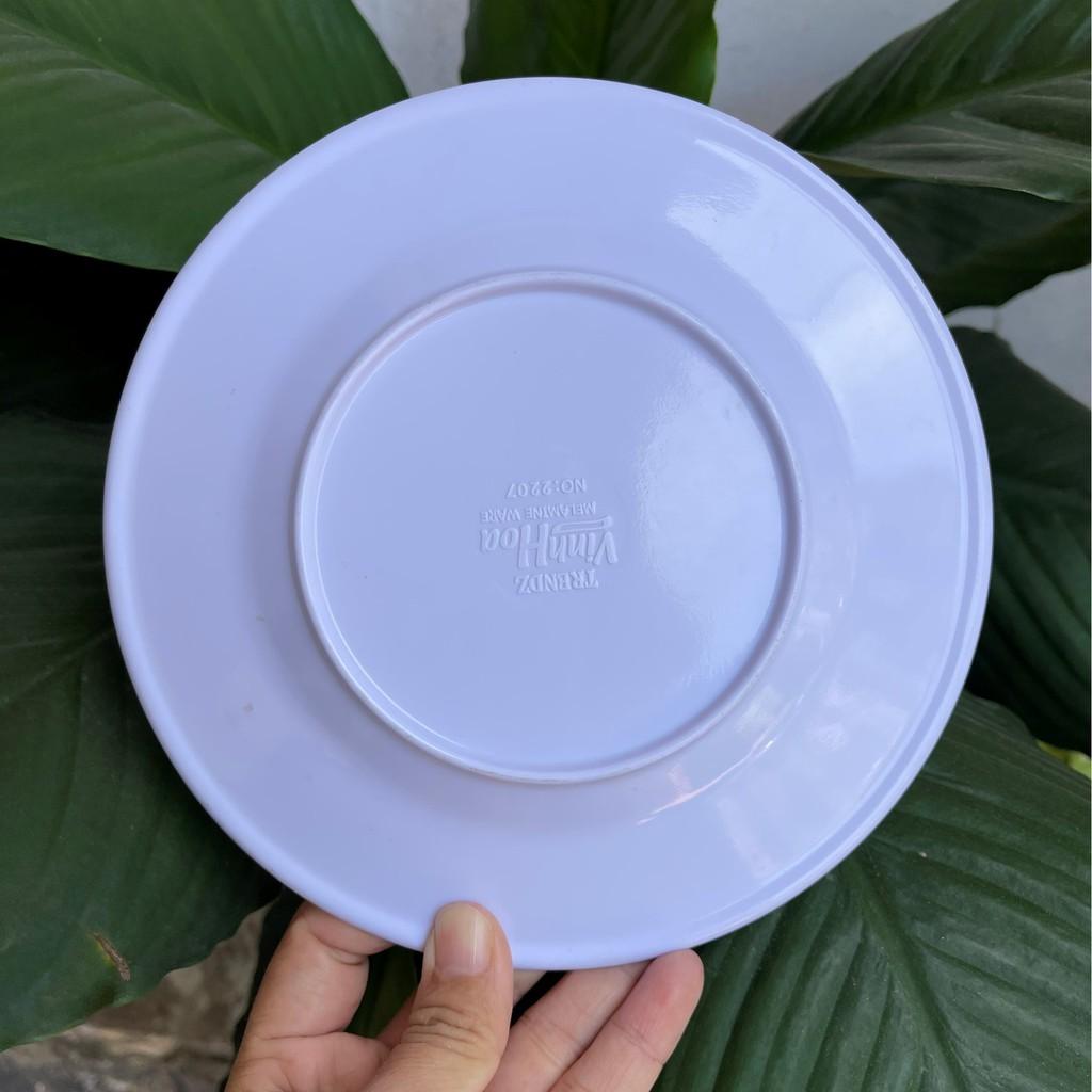 Dĩa tròn cạn 7" 18cm nhựa melamine màu trắng, vàng, xanh, đủ bông, vệ sinh dễ dàng, không nứt vỡ tại gia dụng Du Thủy