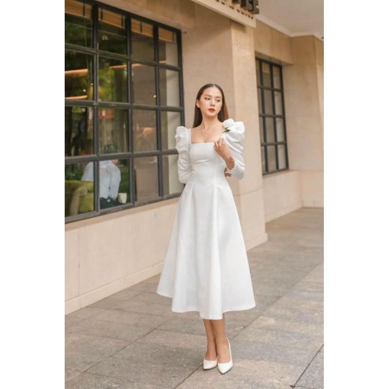 Váy maxi tay dài cổ vuông_ kiểm tra khi nhận