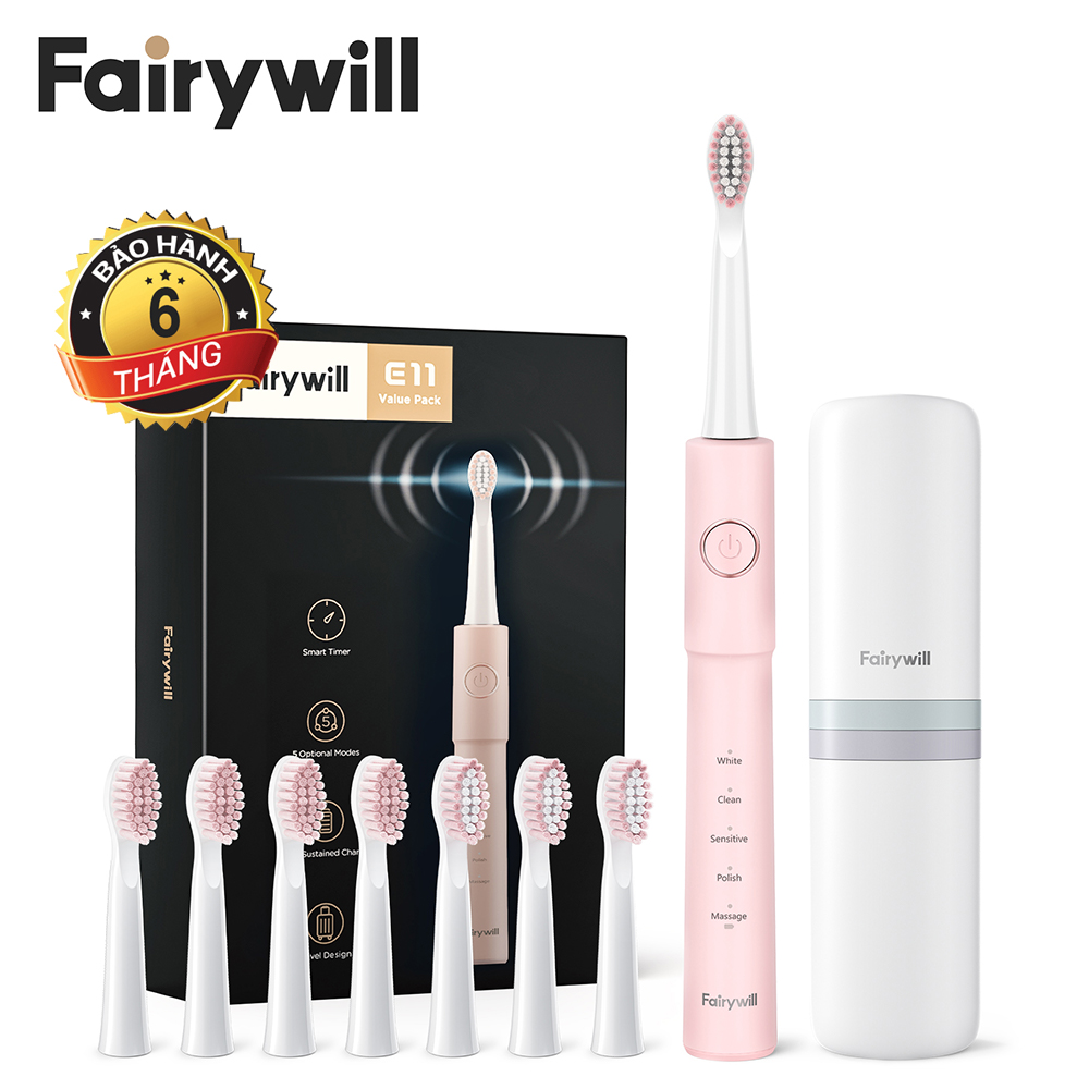 Bàn chải điện Fairywill E11 Màu Hồng &amp; 8 Đầu Thay Thế - Hàng chính hãng