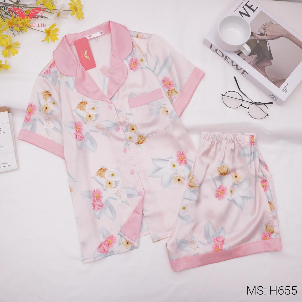 Đồ Bộ Nữ Pijama Mặc Nhà VINGO Lụa Pháp Cao Cấp Tay Cộc Quần Cộc Hoạ Tiết Hoa Viền Hồng Dễ Thương Mùa Hè H655 VNGO