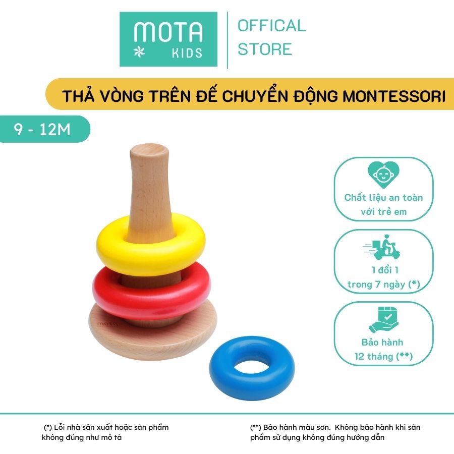 Đồ chơi thả vòng tròn vào trụ gỗ đứng cho bé từ 9-12 tháng Montessori Mota phát triển trí tuệ - Hàng chính hãng