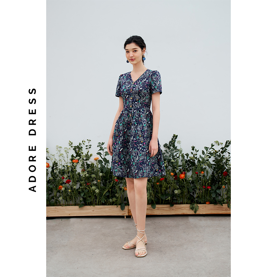 Đầm mini vải thô navy in họa tiết 3ASDR1190 ADORE DRESS