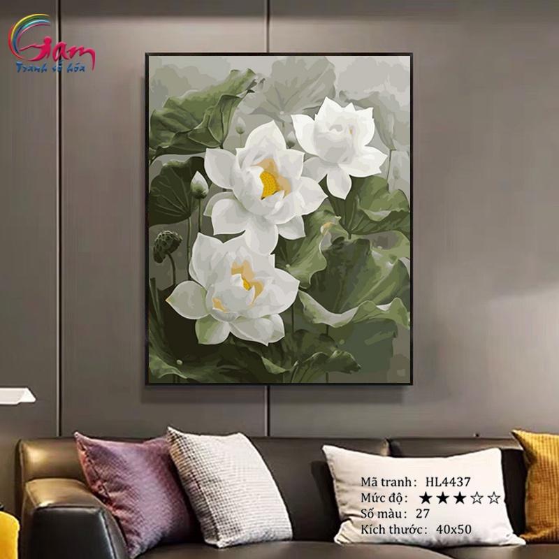 Tranh sơn dầu số hóa tự tô màu theo số hoa sen lotus Gam đã căng khung dày 2.5cm size 40x50cm