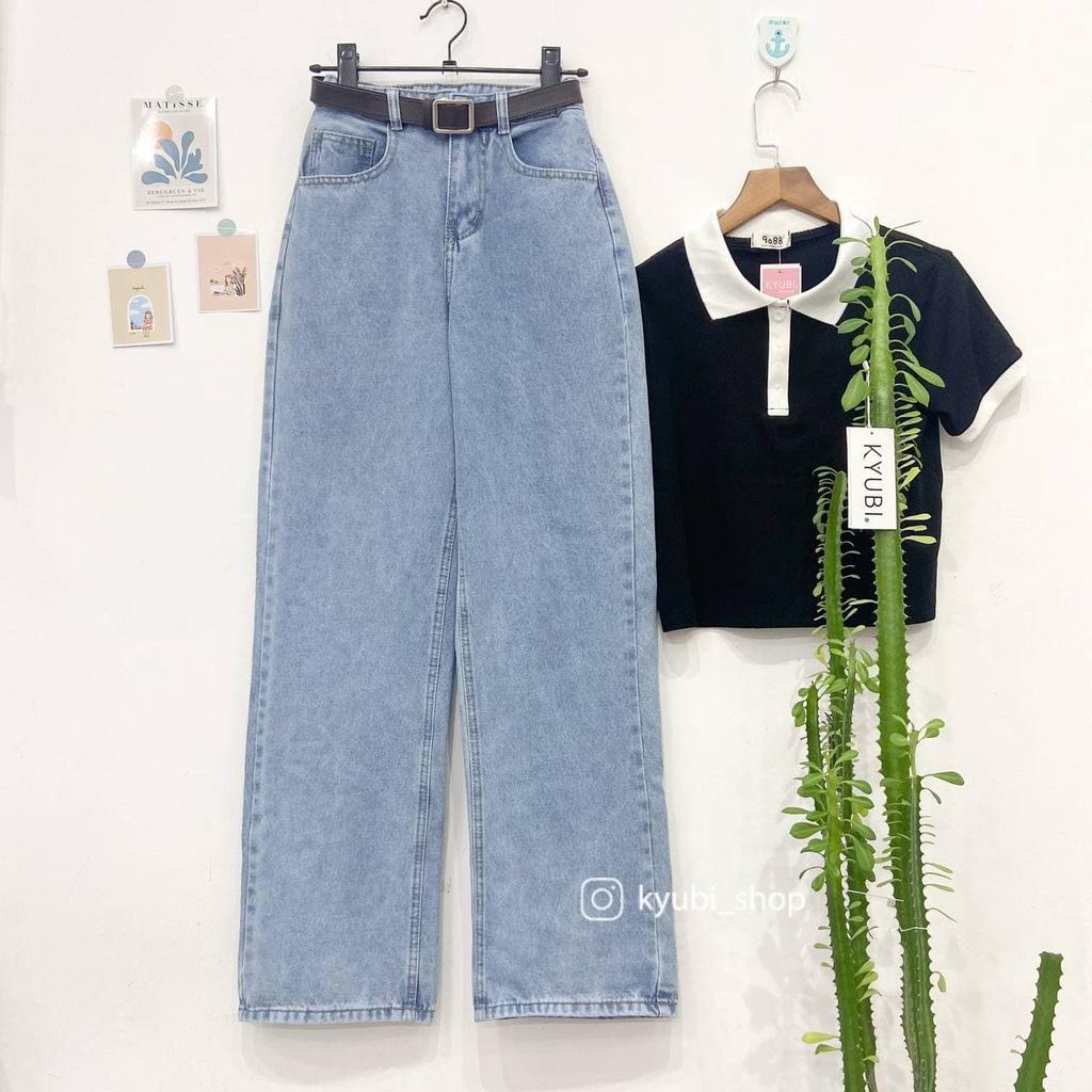 Quần jean nữ lưng cao dáng suông Ulzzang (Có Bigsize) - Quần jeans ống rộng suông cạp cao KYUBI BIGOES