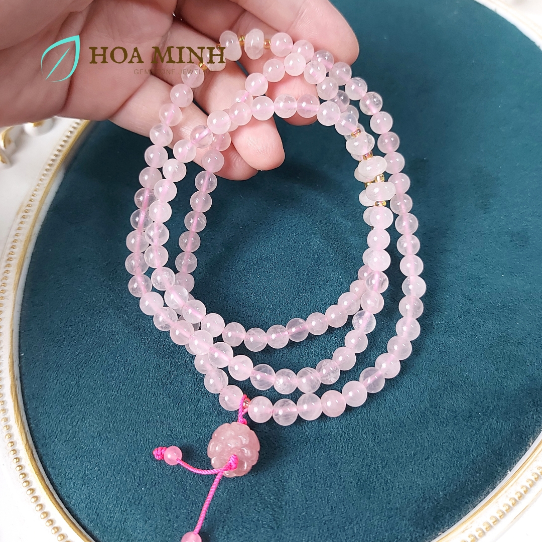 Vòng tay chuỗi 108 hạt Thạch Anh Hồng size 6 li phối hạt bánh xe, charm hoa sen đá thạch anh hồng cho phong thủy mệnh Hỏa, Thổ