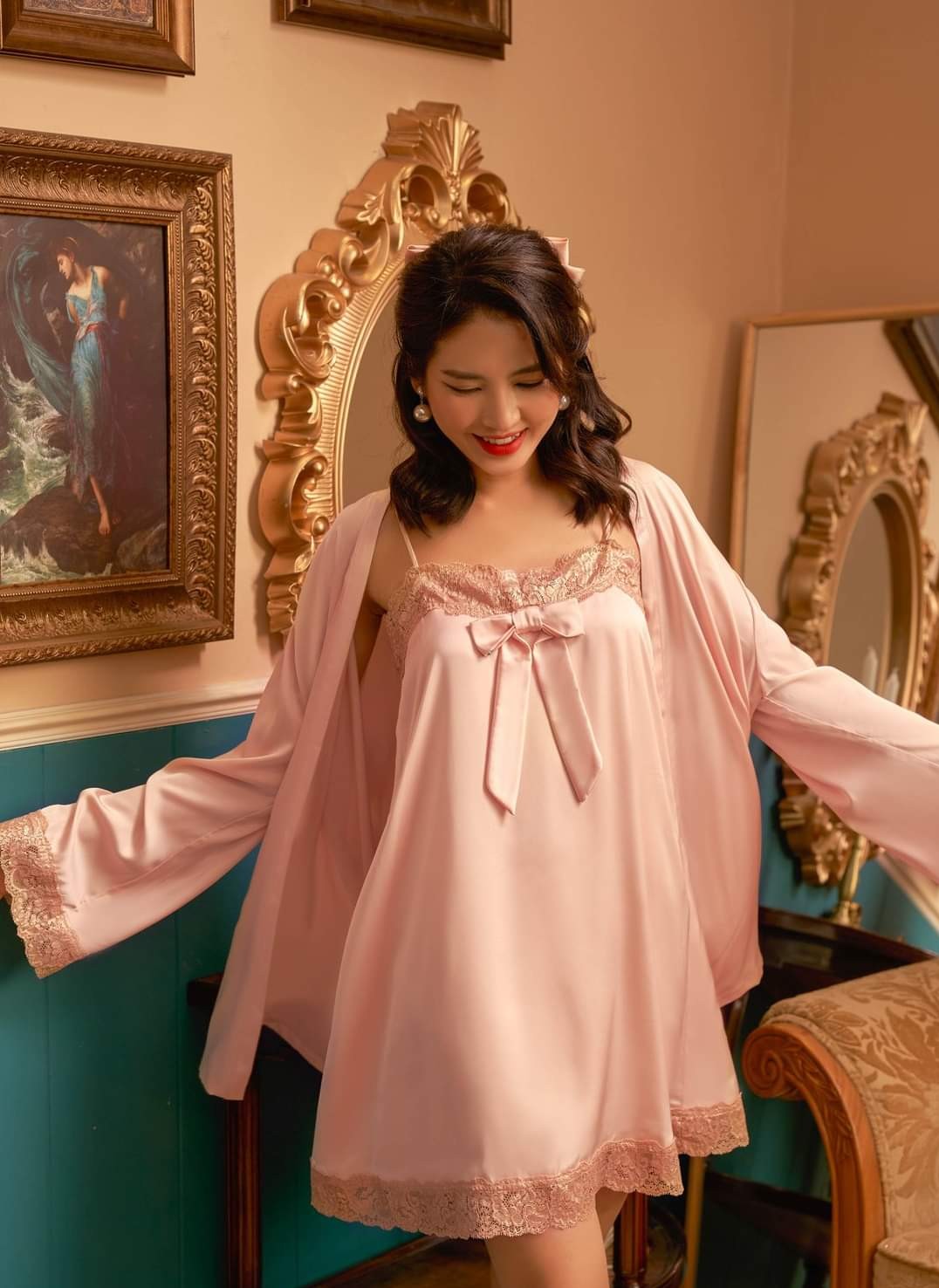 [Rose Sleepwear] Sét Áo Choàng Ngủ Lụa Cao Cấp Và Váy ngủ lụa cao cấp, váy ngủ nữ, váy ngủ 2 dây, váy ngủ gợi cảm, váy ngủ sexy, đầm ngủ lụa mặc nhà 2 dây trơn tặng kèm chip ren HO