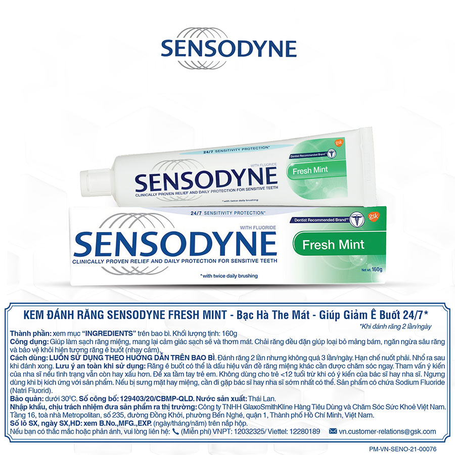 Kem Đánh Răng Sensodyne Fresh Mint Bạc Hà The Mát 160g