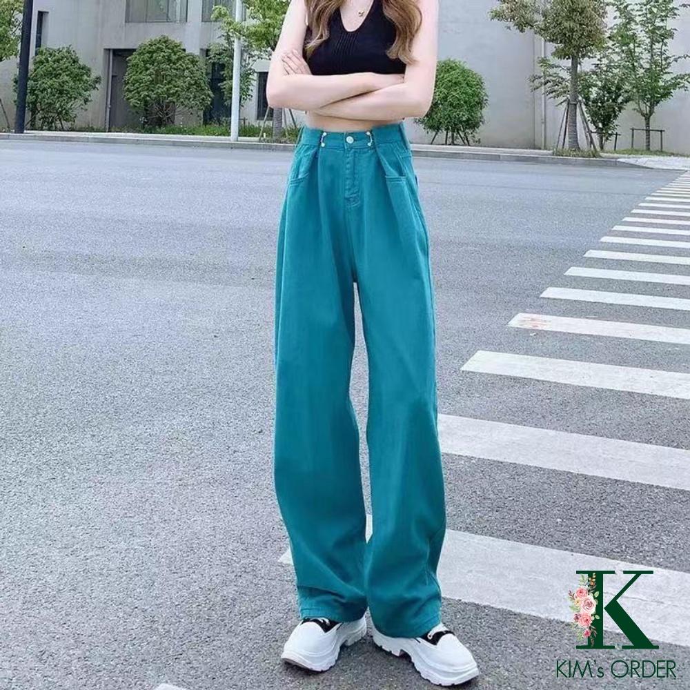 Quần jeans nữ ống rộng gài chỉnh eo hồng xanh đen trắng lưng cạp cao dáng suông ống rộng phong cách Ulzzang Hàn Quốc