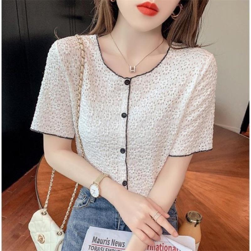 Áo sơ mi ren cổ tròn tay ngắn