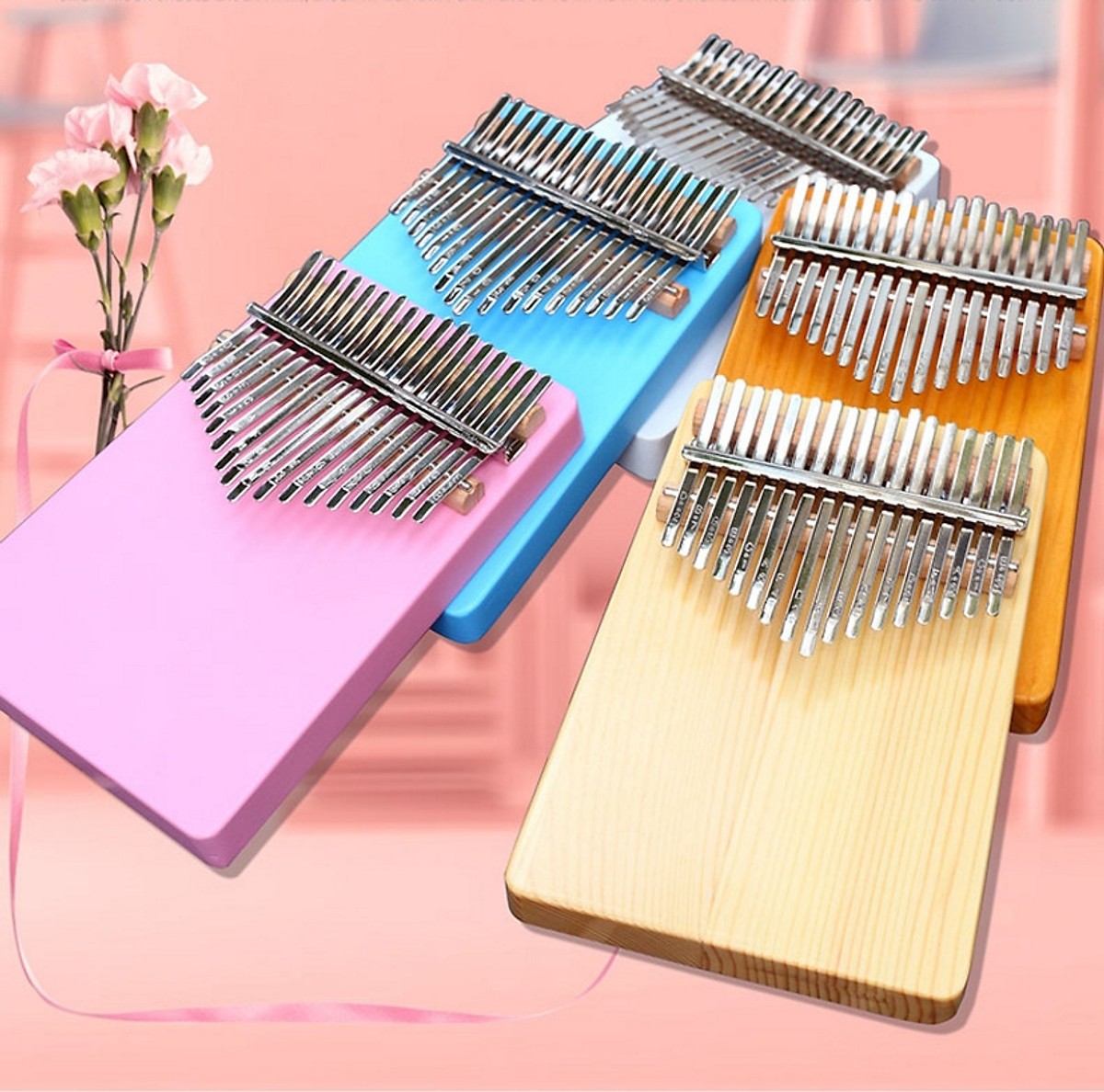 Đàn Kalimba 17 phím gỗ nguyên khối Mahagony Màu hồng phấn PINKKALIM001