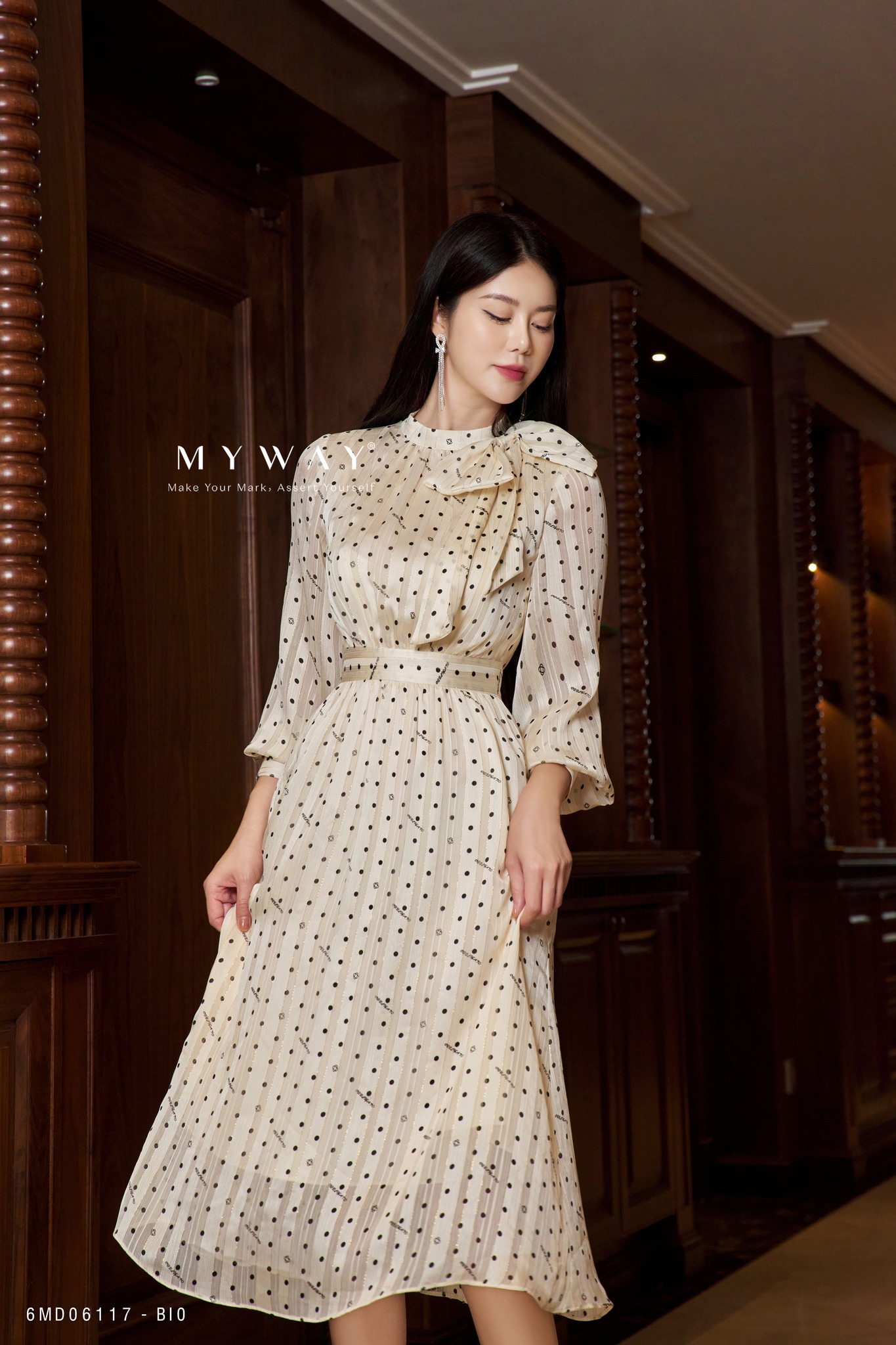 Đầm Lụa Chiffon Be Dài Tay Chấm Bi MY WAY Kiểu Dáng Ngọt Ngào Duyên Dáng 6MD06117 - BI0