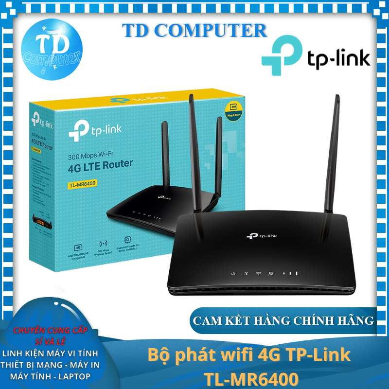 Bộ phát wifi 4G TP-Link TL - MR6400 (300Mbps/ Chuẩn N/ 2 Ăng-ten ngoài/ Sim 4G/ 25 User) - Hàng chính hãng FPT phân phối