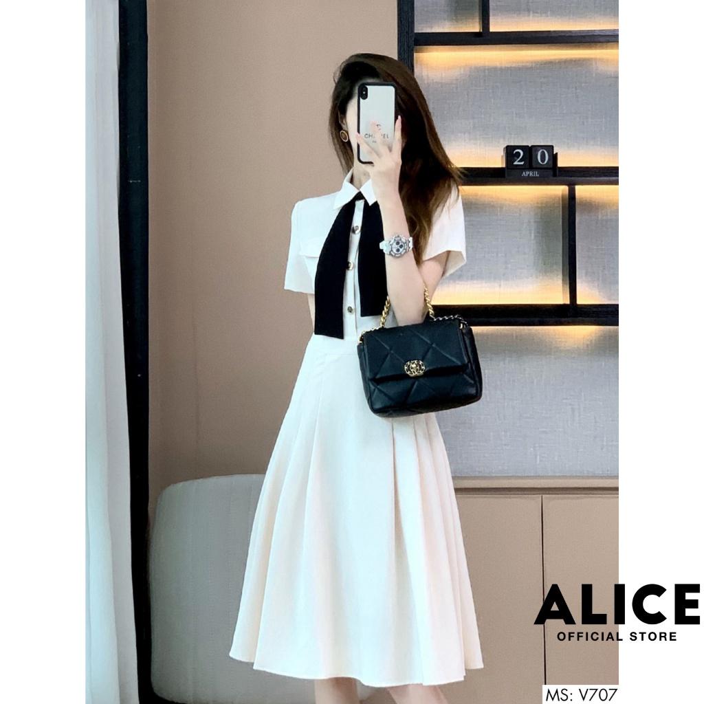 Váy Trắng Công Sở Tiểu Thư Dáng Xòe ALICE V707, Thiết Kế Tay Lỡ Phối Nơ Cổ Sang Chảnh