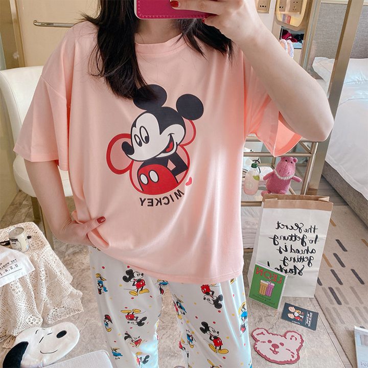 Bộ đồ thun mặc nhà Mickey, đồ bộ thun cotton mềm mại, thấm hút tốt, quần dài, áo tay ngắn