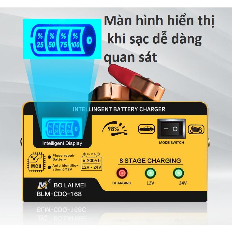 Bộ sạc ắc quy 12v/24v 3AH - 200ah BT-168 máy sạc bình xe máy ôtô xe tải thông minh tự động ngắt khi đầy