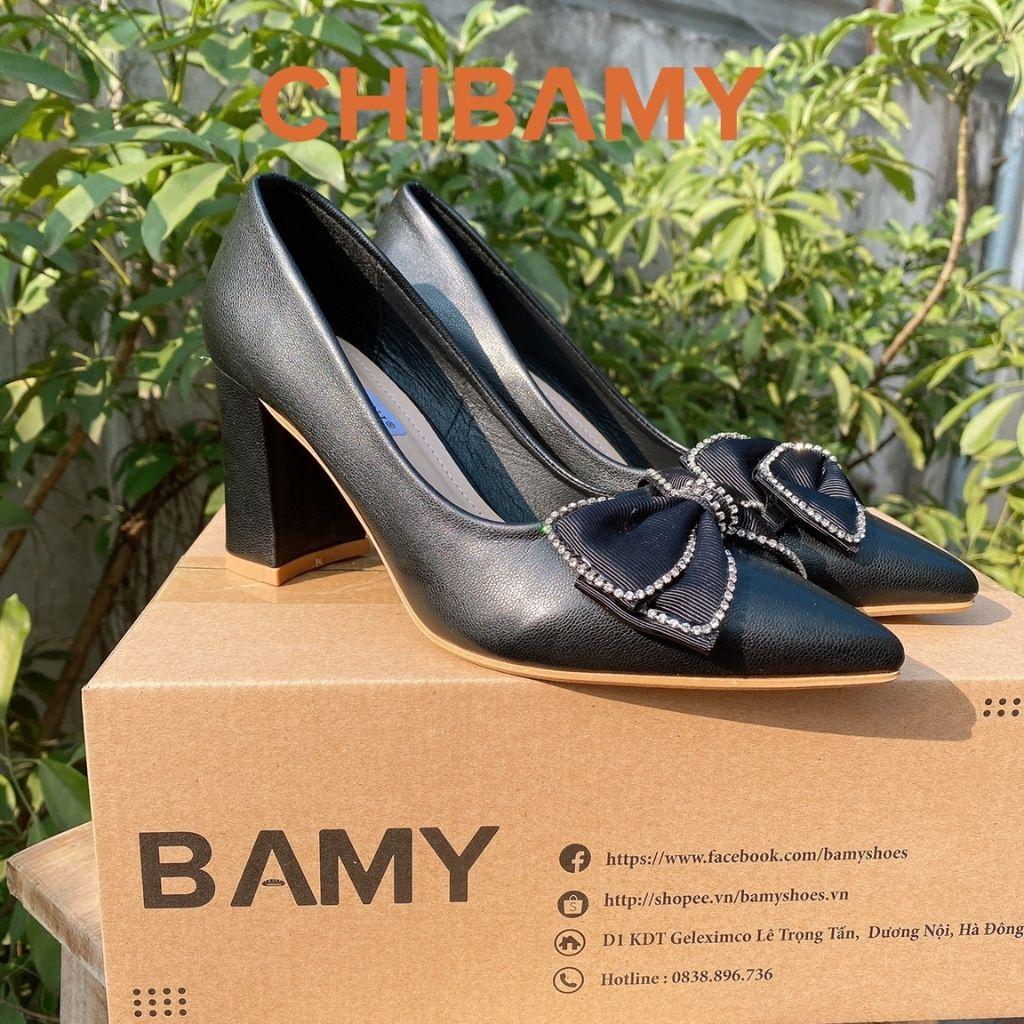 Giày cao gót nữ đính nơ 7cm CHIBAMY, giày nữ công sở mũi nhọn chất da mềm mã CG02