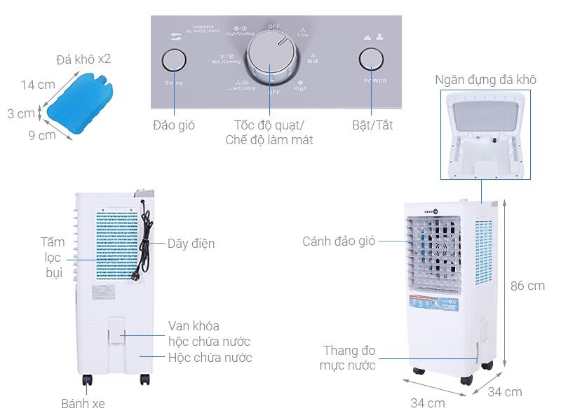 Quạt điều hòa hơi nước 20L có UV diệt khuẩn nấm mốc Mishio MK310 - Hàng chính hãng