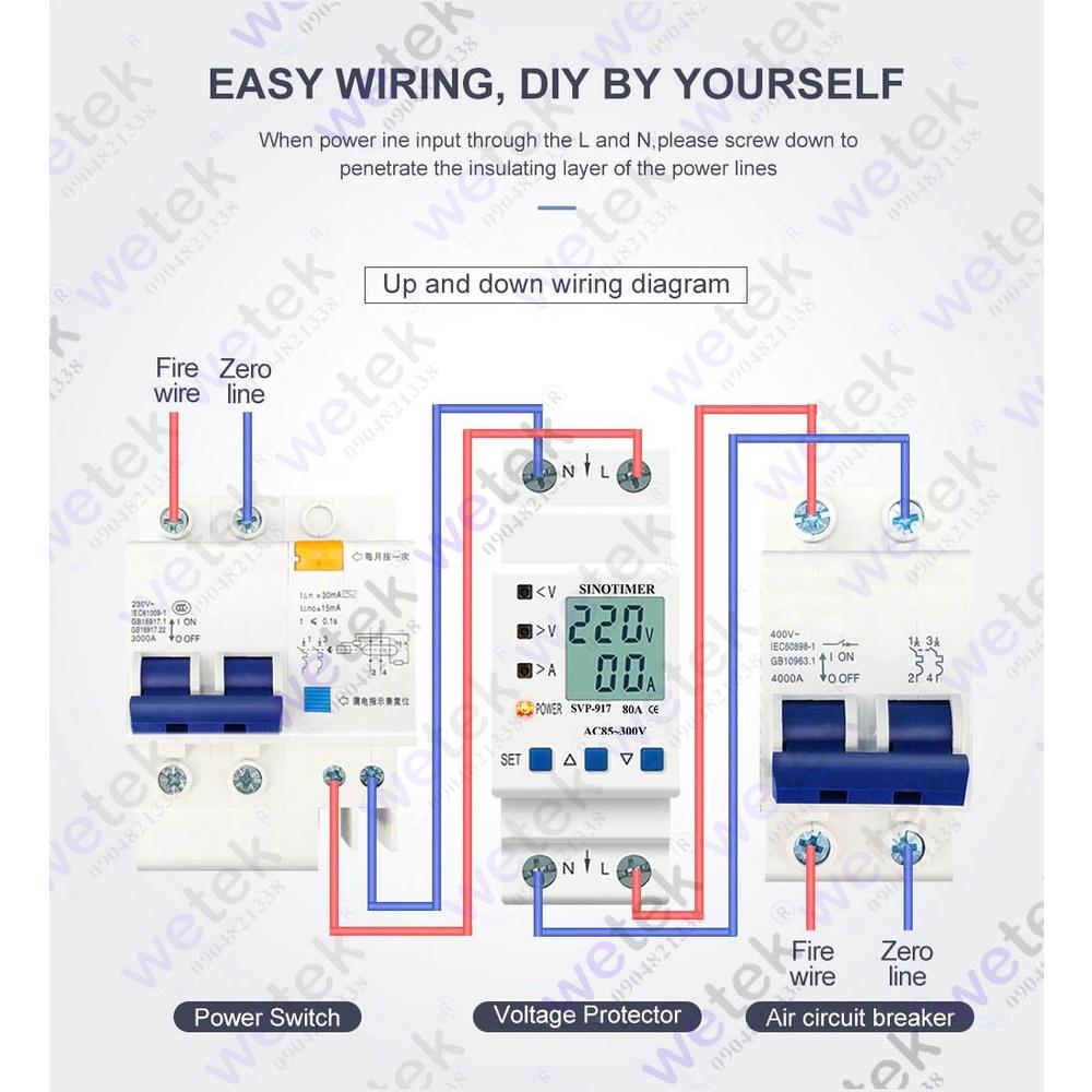 SVP-917 Công tơ kiêm bảo vệ điện áp, dòng điện, LCD, 9999.9kWh (2 chiều), 85~300Vac, 1~80A, đo V A kWh kW, Sinotimer