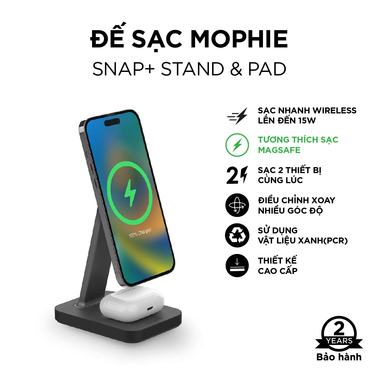 Đế sạc mophie Snap+ Stand &amp; Pad, sạc nhanh không dây 15w, sạc cùng lúc 2 thiết bị, hỗ trợ sạc đa nền tản - Hàng chính hãng bảo hành 2 năm 1 đổi 1