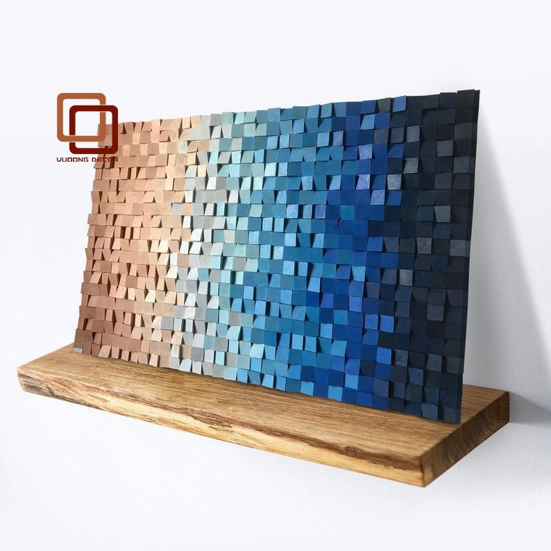 Tranh gỗ trang trí 3D tone XANH LAM (Wood mosaic) - (KÍCH THƯỚC 30x40 và 40X60cm)