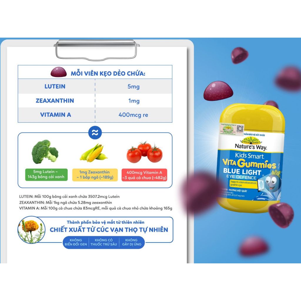 Kẹo Dẻo Bổ Mắt Nature's Way Kids Smart Vita Gummies Blue Light Eye Defense (Chai 50 Viên)