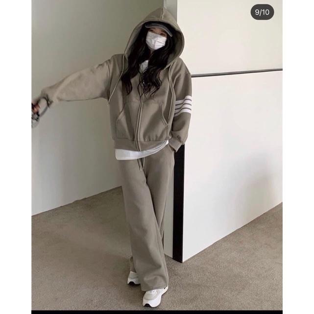 Set bộ quần áo len tăm 3 sọc áo hoodie quần dài màu xám mặc thu đông