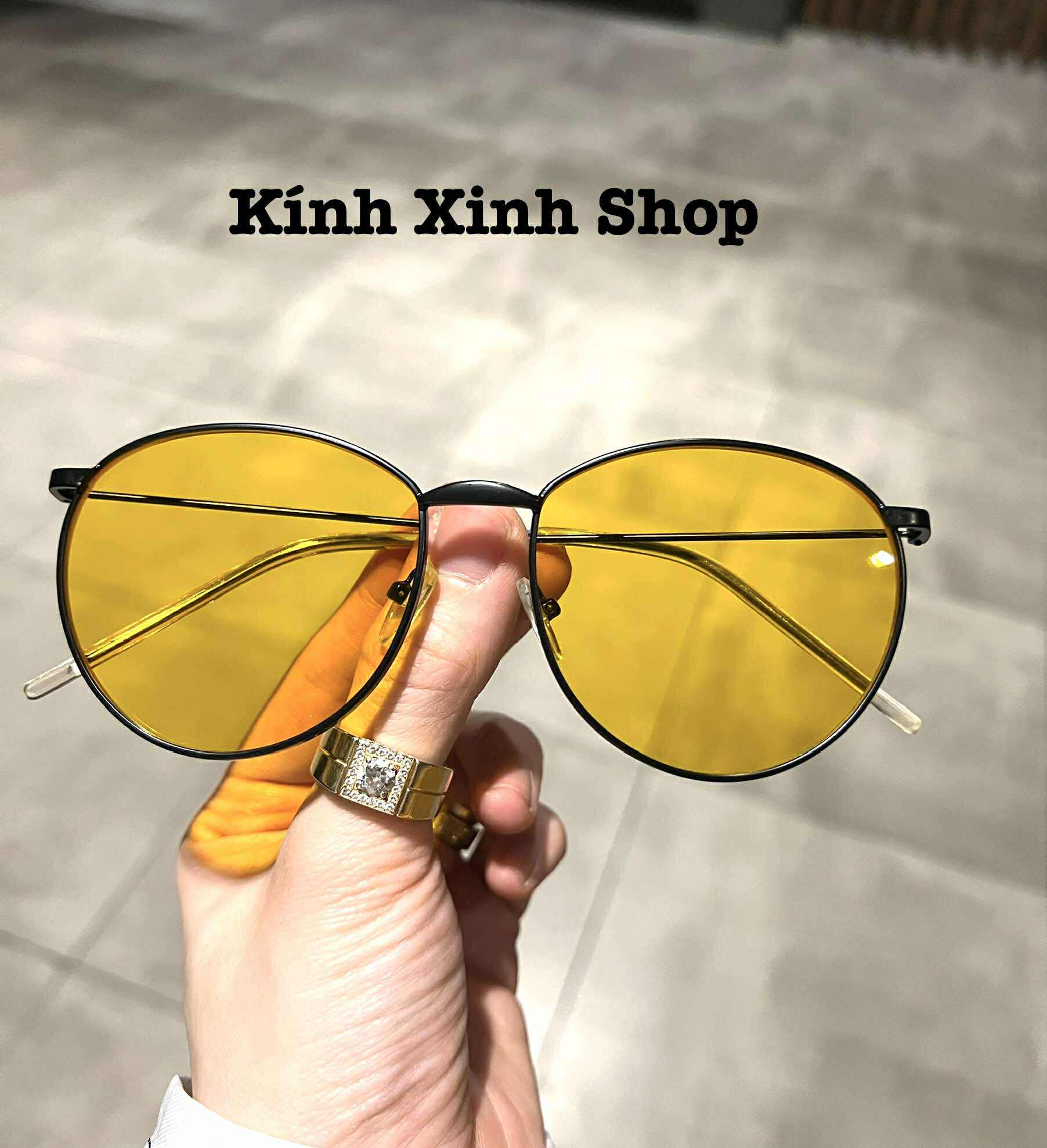 Kính râm unisex nam nữ Mắt tròn vàng sành điệu
